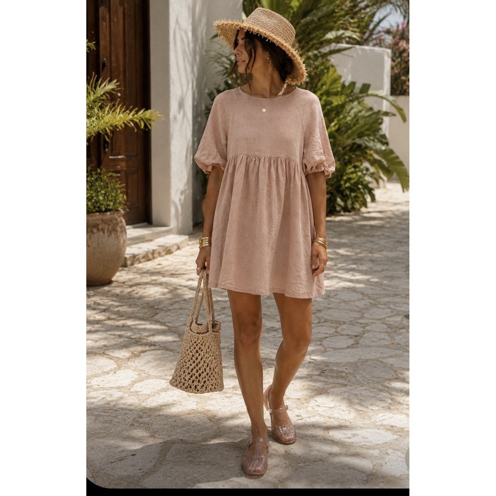 LANHTROPY Linen Dress One Size Blush Pink  Bubble Balloon Sleeves Lightweight